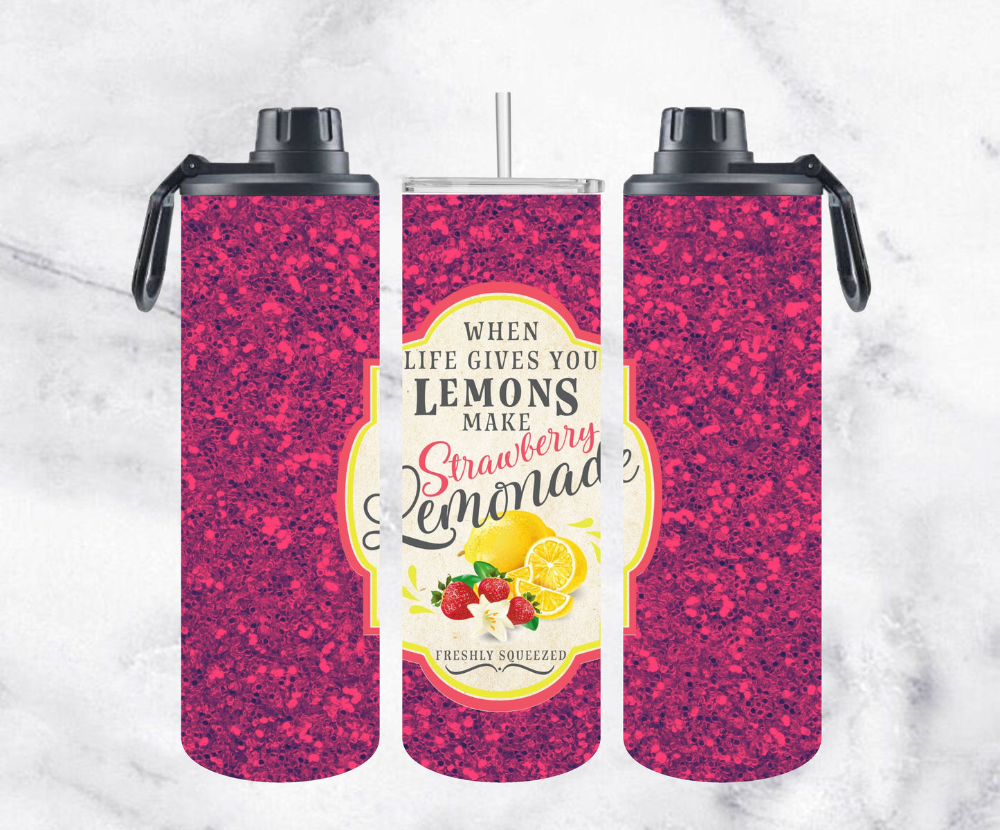 Dual-Lid Glitter Sport Bottles / Tumblers - Strawberry Lemonade